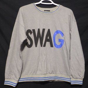 SEDUCTIONS, size large, "Swag" print grey sweatshirt, striped collar and cuffs